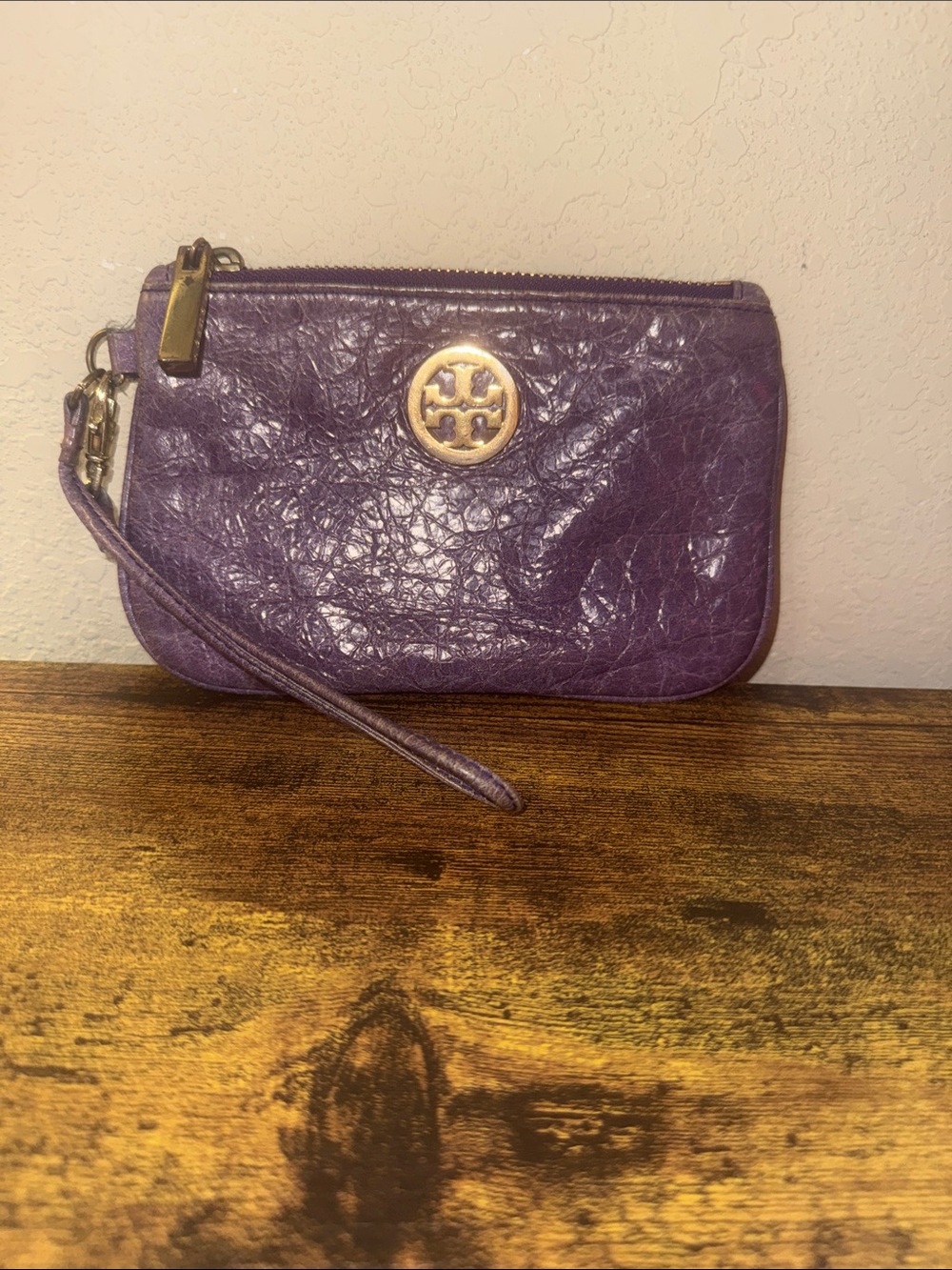 Tory Burch Purple Leather Wristlet with Gold Logo